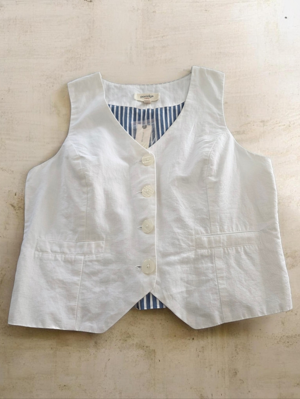 Porridge Tops White Cotton & Linen Vest - Sleeveless Button Front M